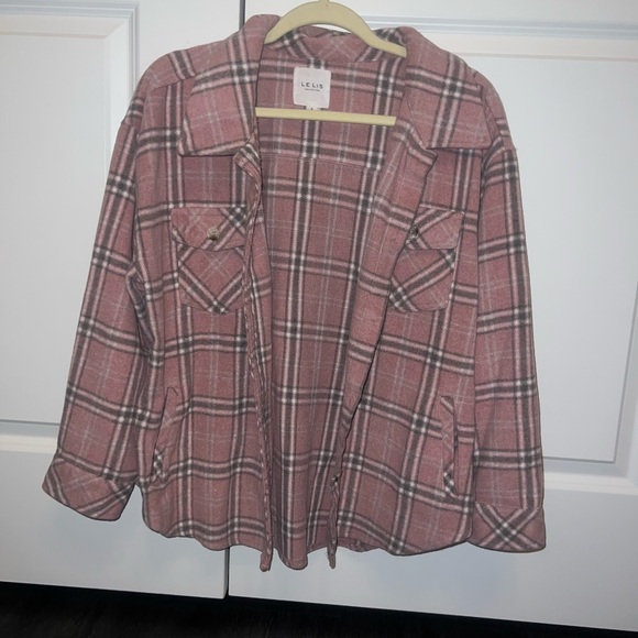 PINK PLAID FLANNEL OVERSIZED SHACKET JACKET SMALL BUTTON UP LIKE NEW - Picture 2 of 8